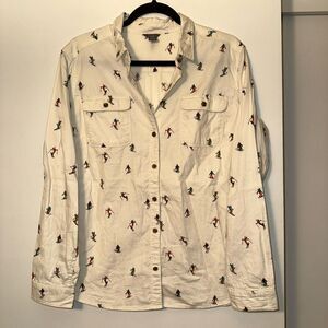 Eddie Bauer Large Ski Snowboard Pattern Cream Button Down Collared Flannel Shirt
